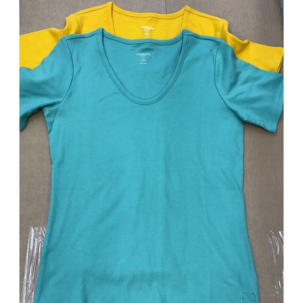 Liz Claiborne Essentials Women Small Scoop Neck T-Shirt Lot 2 Teal Yellow Cotton
